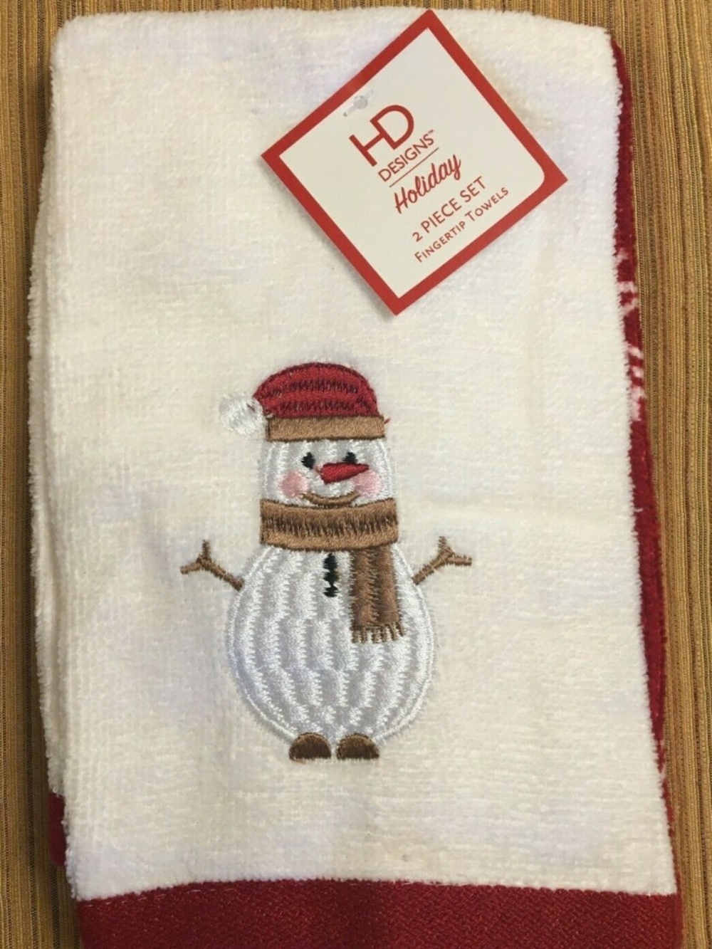 Christmas Red White Snowman Winter Set 2 Fingertip Towels Small Finger Tip NEW